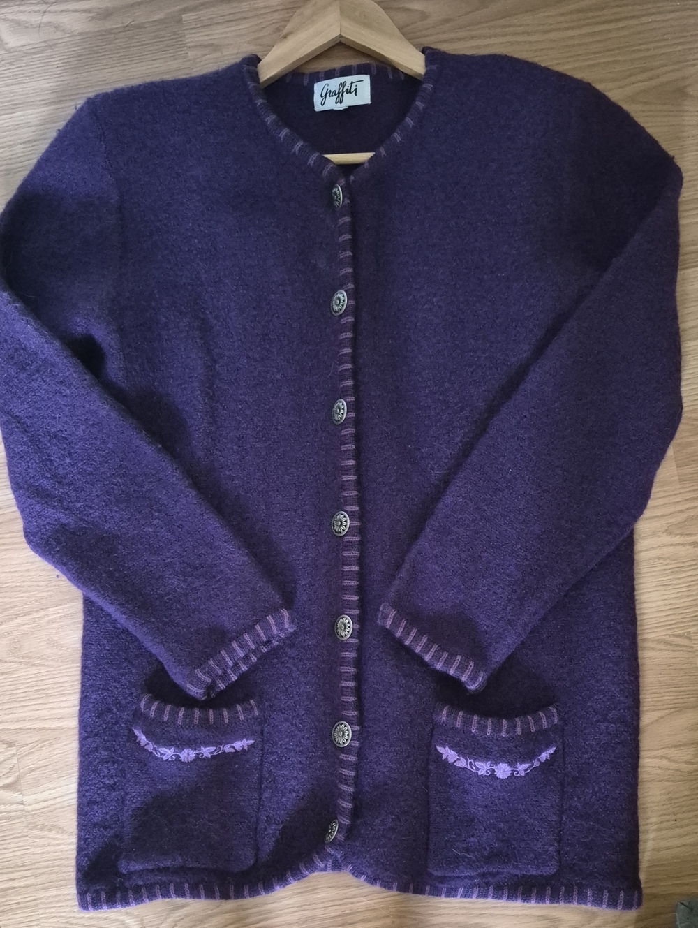Vintage Graffiti Boiled Wool Purple Knit Pocket Cardigan Size Small (Oversized)